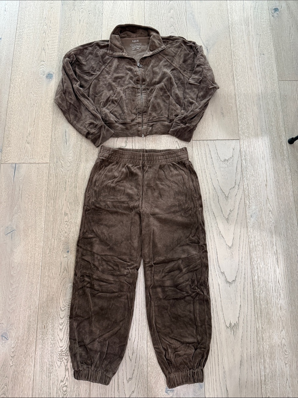 Velour Crop Zip Jacket & Jogger Set - Brown